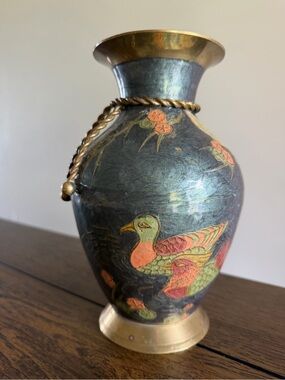 Vintage Brass CLOISONNE VASE Hand Painted 9.5" Art Gold Tone Bird Duck Wildlife